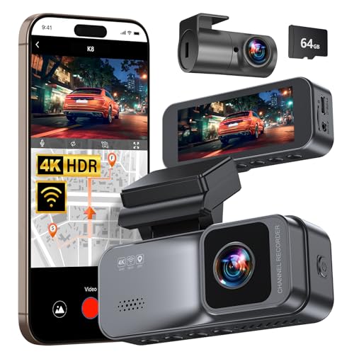 KASNOW ドライブレコーダー ドラレコ 4K 前後カメラ UHD 800万画素 GPS搭載 IMX415センサー WDR搭載 3.16インチ 小型ドラレコ 前後 駐車監視 ノイズ/LED信号機対策済 Gセンサー 衝撃感知 防水バックカメラ 超広角 どらいぶれこーだー 64GBカード同梱 日本語説明書 K8